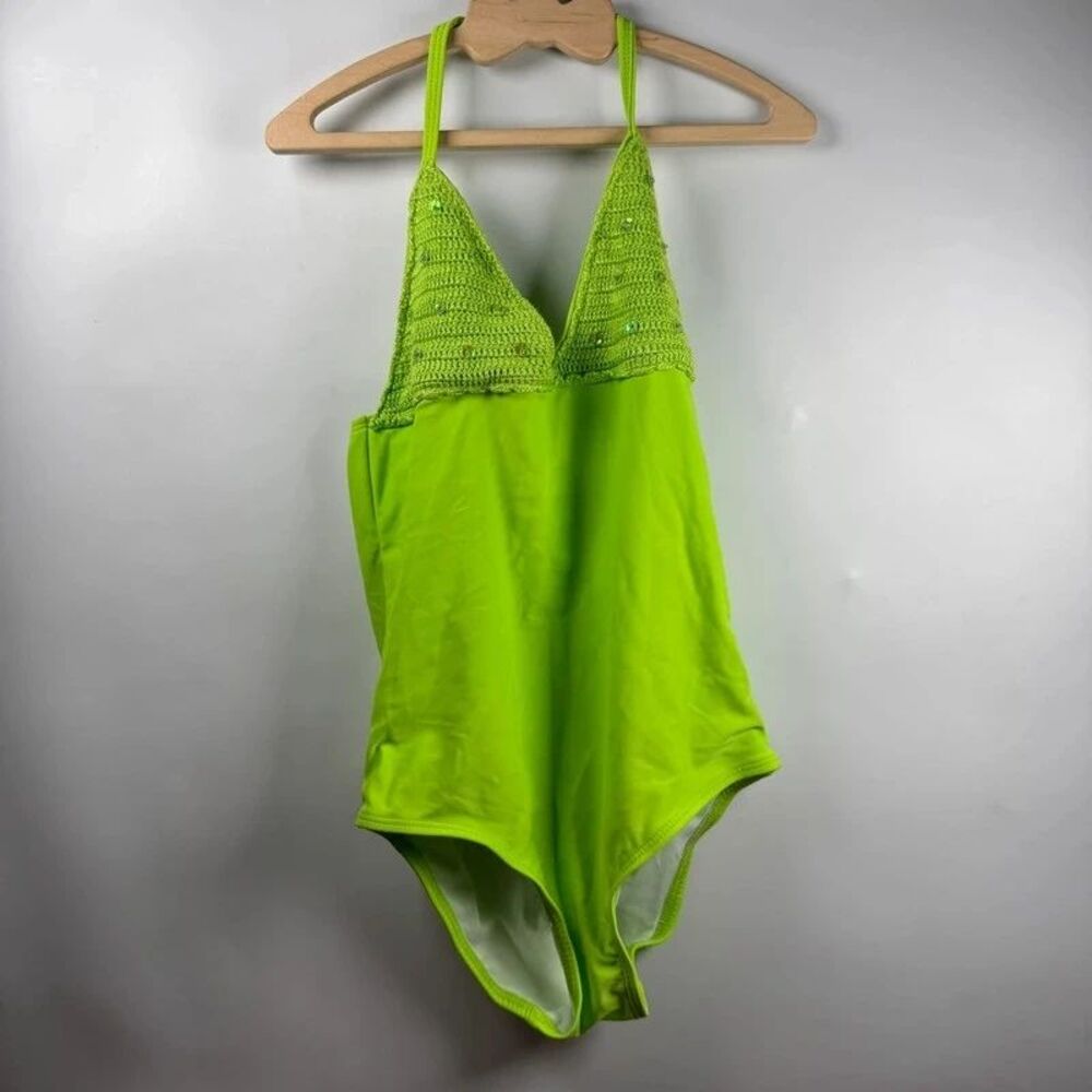 Y2K Sand N Sun Green Crochet Halter One Piece Swimsuit Girls Medium 7/8 Coastal